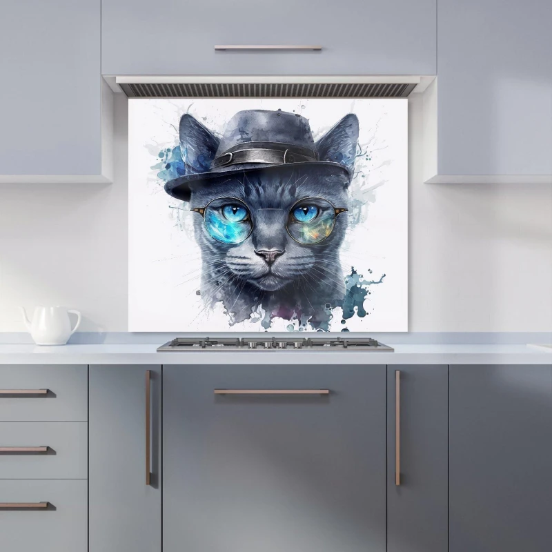 Image of Warren Reed - Designer Russian Blue Cat With Glasses Splashart Kitchen Splashback Size: 600mm x 750mm Multicolor Unisex 600mm x 750mm