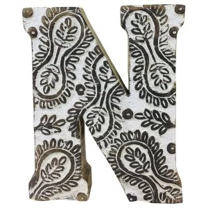 Image of Letter N Hand Carved Wooden White Flower