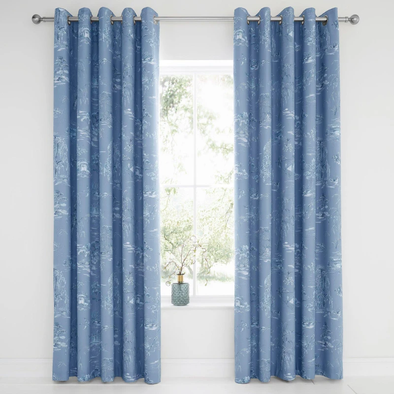 Image of Dreams & Drapes 'Eastern Garden' Blackout Pair of Eyelet Curtains Blue