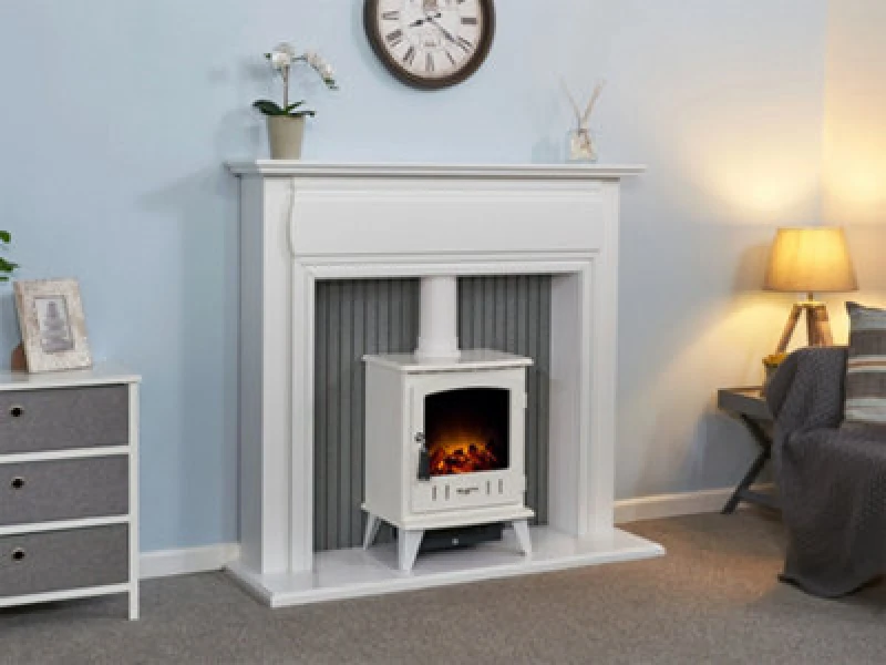 Image of Adam Fires & Fireplaces Adam Florence Stove Fireplace in Pure White with Aviemore Electric Stove in White Enamel, 48" White