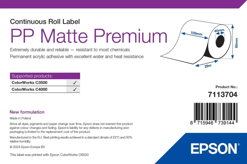 Image of Epson 7113704 Premium Matte White Continuous Label Roll 105mm x 29m (Original)