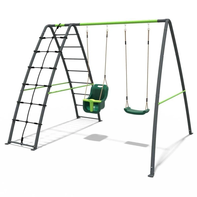 Image of OutdoorToys Children's Double Metal Swing Set with Baby Seat & Climbing Wall in Grey Grey Unisex