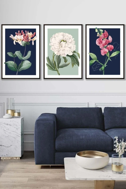 Image of ARTZE Set of 3 Black Framed Vintage Flowers Honeysuckle Blue & Green Wall Art in Navy Size: W45cm x H62cm x D20mm Navy Unisex W45cm x H62cm x D2