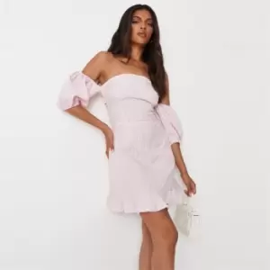 Image of Missguided Bardot Puff Sleeve Ruffle Hem Mini Dress - Pink