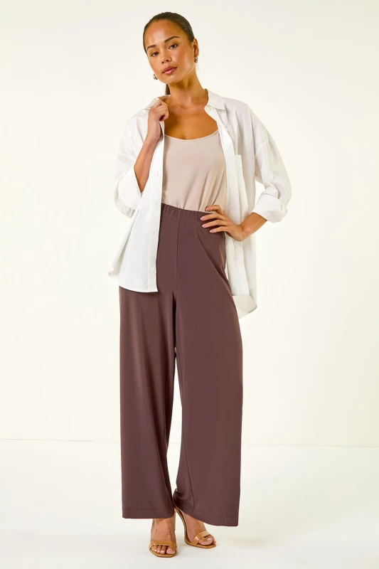 Image of Roman Womens Petite Wide Leg Stretch Trouser in Chocolate Size: 14 Chocolate Female 14