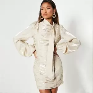 Image of I Saw It First Shimmer Satin Ruched Detail High Neck Mini Dress - Metallics