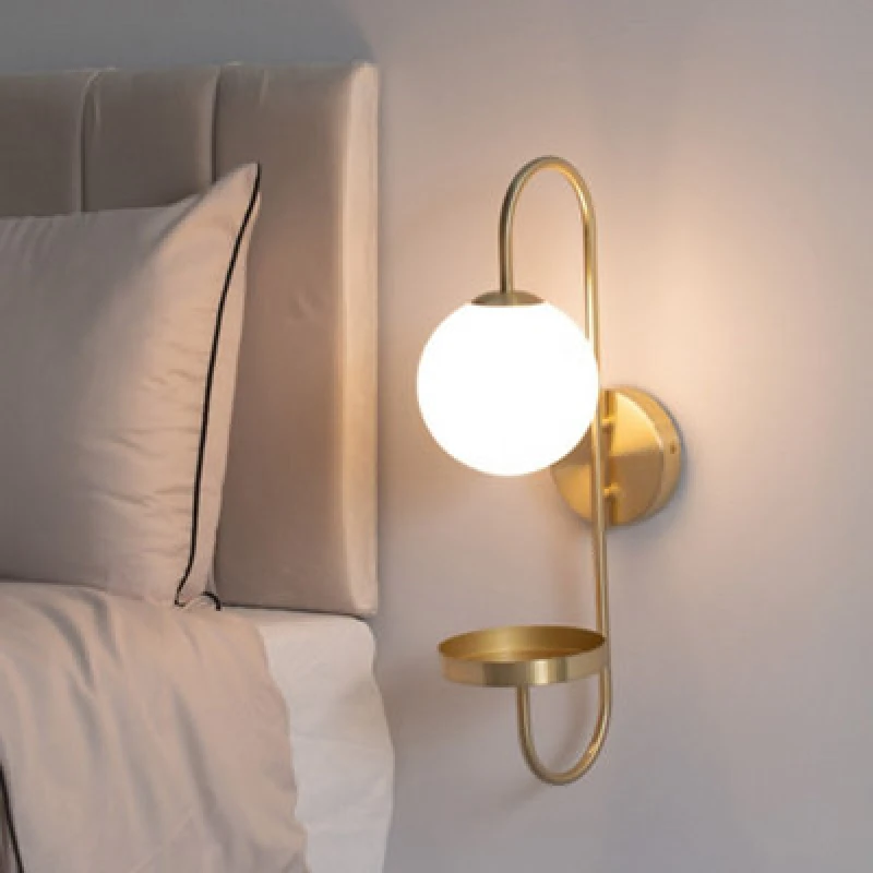 Image of ValueLights ValueLights Milo Frosted Glass Globe Shade Curved Wall Light with Shelf and LED Bulb in Gold Gold One Size Unisex 5059406065828