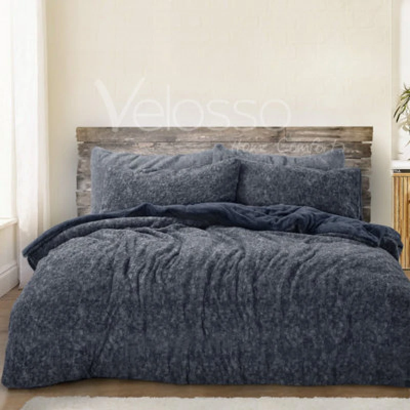 Image of Velosso Teddy Marl Warm & Cosy Duvet Cover & Pillowcase Set in Navy Size: Double Navy Unisex Double