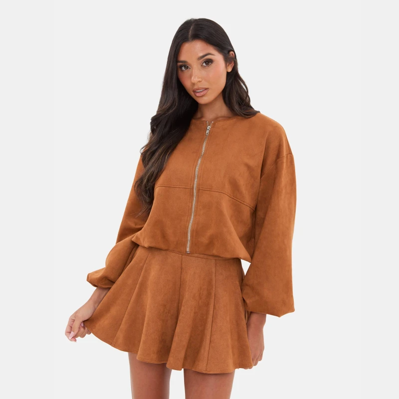 Image of I Saw It First Womens Faux Suede Bubble Hem Long Sleeve Faux Leather Jacket Brown female 8 (XS)