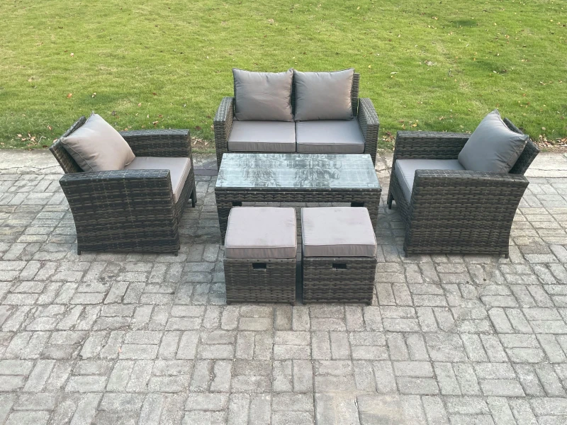 Image of Fimous 6 Seater Outdoor Rattan Garden Furniture Set Patio Lounge Sofa Set with Coffee Table 2 Small Footstools Dark Grey Mixed Dark Grey Unisex