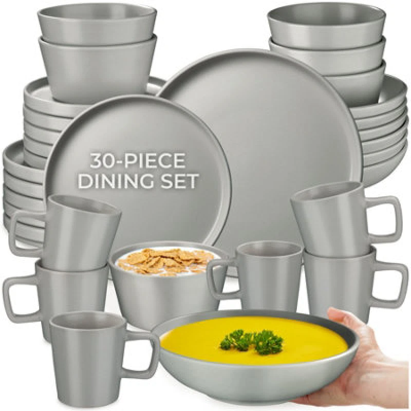 Image of Tectake 30 PC Dinnerware Set Una - Dinner Set, Incl. Plates, Bowls And Mugs, For 6 People - Grey