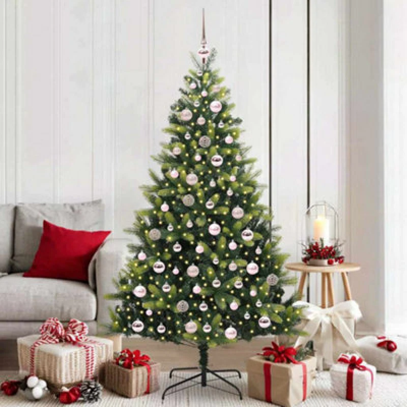 Image of vidaXL Artificial Hinged Christmas Tree 300 LEDs and Pink Balls Green 180 cm, Green 3395993
