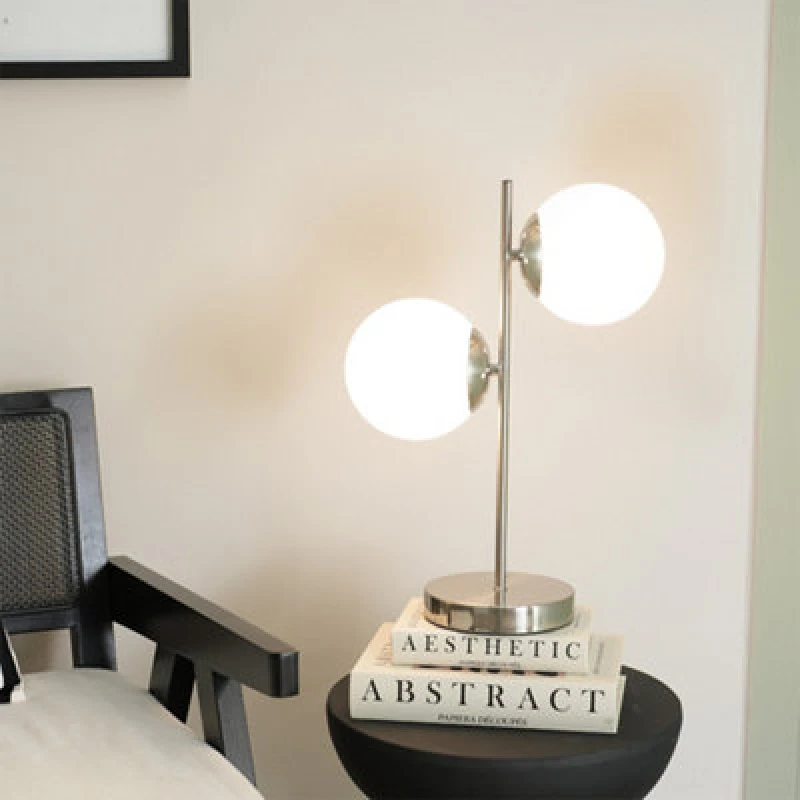 Image of ValueLights Jas Opal White Frosted Glass Globe Shades 2 Way Table Lamp Silver