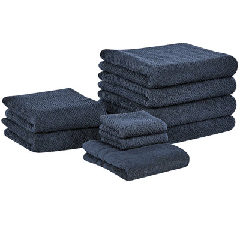 Image of Beliani Set Of 9 Towels Mitiaro Terry Cotton Dark Blue