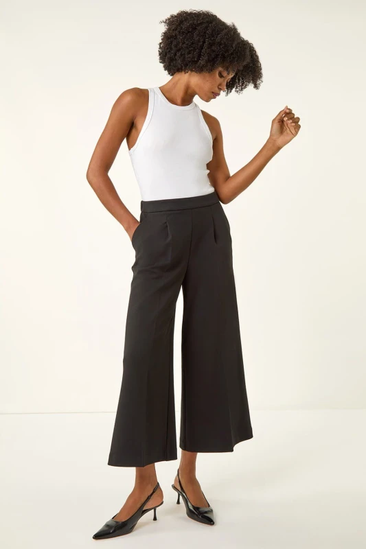 Image of Roman Elastic Waist Wide Leg Cropped Culottes Black
