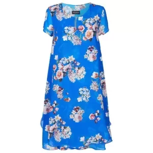 Image of James Lakeland Royal Floral Short Sleeve Print Wave Hem Dress - 8