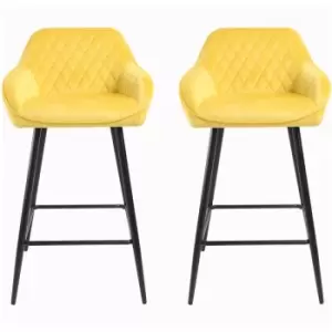 Image of Set of Two Madrid Yellow Crushed Velvet Bar Stools Black Metal Leg