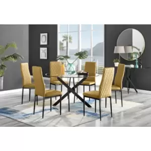 Image of Furniturebox UK - Furniturebox Novara Black Leg 120cm Round Glass Dining Table & 6 Mustard Milan Velvet Dining Chairs With Black Legs Diamond Stitch