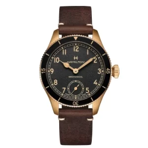 Image of Hamilton Khaki Aviation Pilot Pioneer Bronze Automatic Black Dial Brown Leather Strap Mens Watch H76709530