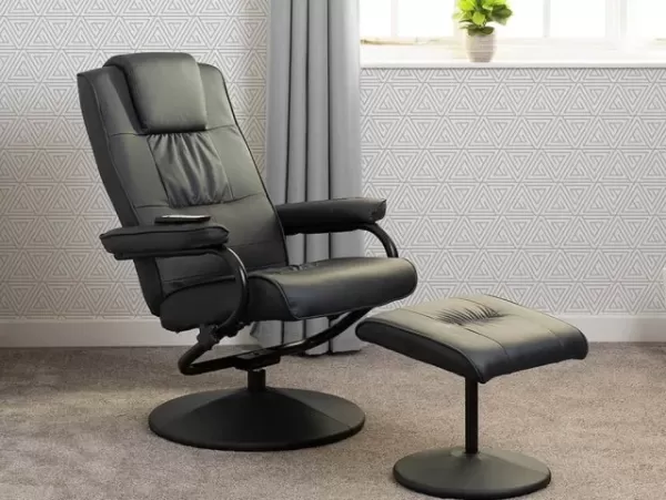 Image of Seconique Ascot Midnight Blue Faux Leather Recliner Chair with Footstool