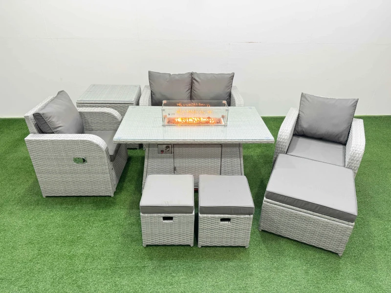 Image of Fimous Light Grey PE Wicker Rattan Garden Furniture Set Sofa Set Reclining Chair Firepit Dining Table 7 Seater 3 Stools Side Table Light Grey