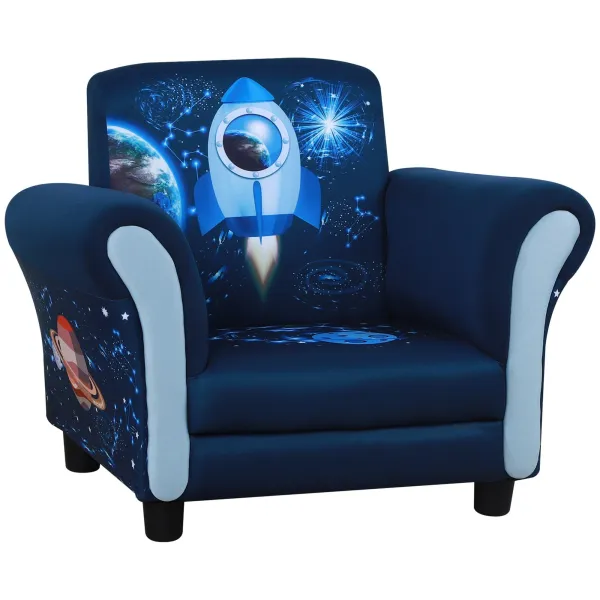 Image of Space Rocket Children Kids Armchair Sofa Fun omfortable Wood Frame 3-6 Yrs Blue