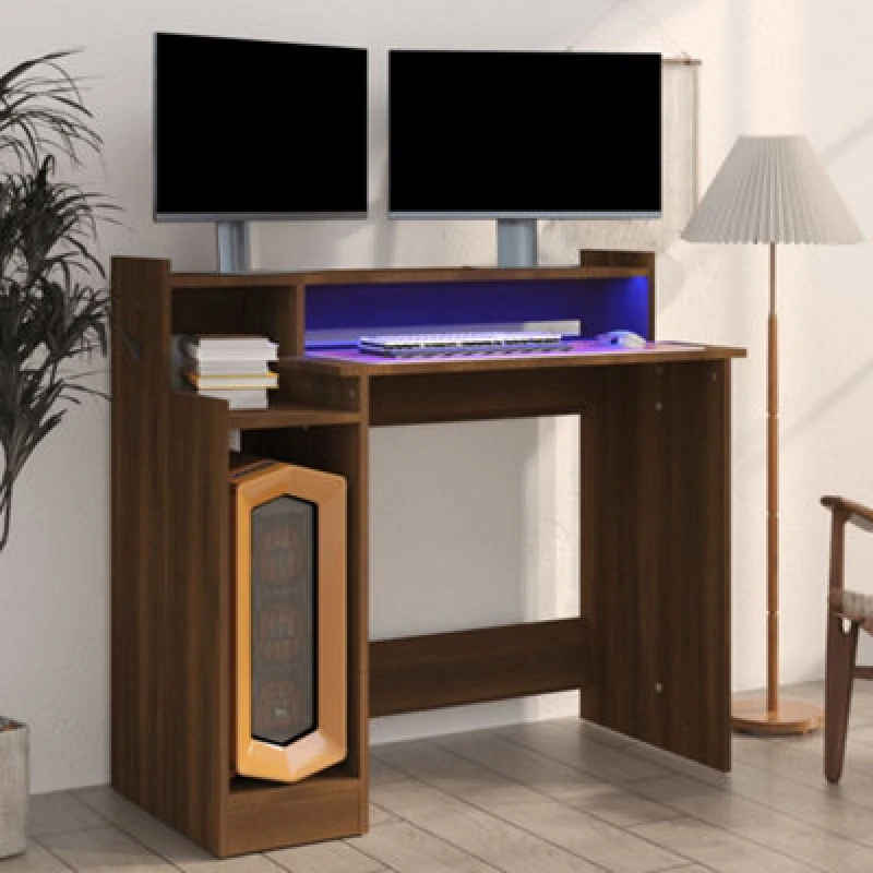 Image of vidaXL Desk with LED Lights Brown Oak 97x45x90cm Engineered Wood, Brown 820477