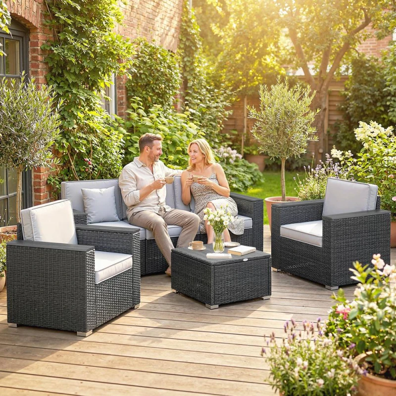 Image of OUTSUNNY Rattan Garden Furniture Set with Wide Armrests, Cushions, Dark Grey Dark Grey Unisex