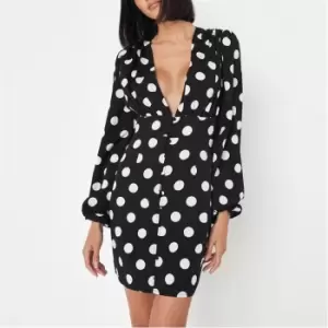 Image of Missguided Tall V Neck Button Down Mini Ls Polka - Black