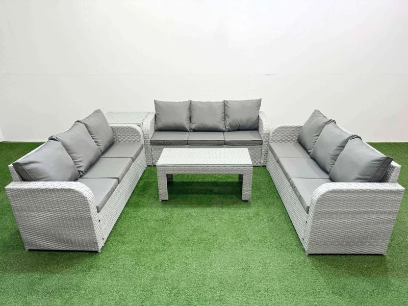 Image of Fimous PE Rattan Lounge Sofa Set 9 Seater Outdoor Garden Furniture Set with Oblong Coffee Table 3 Seater Sofa Side Table Light Grey Light Grey