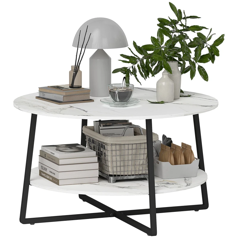 Image of HOMCOM Round Coffee Table with Storage Shelf and Marble Effect Top - White TJ Hughes 5063603556997