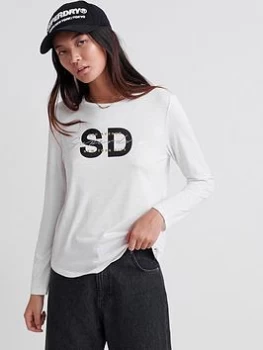 Image of Superdry Sparkle Long Sleeved Graphic T-Shirt - White, Size 6, Women