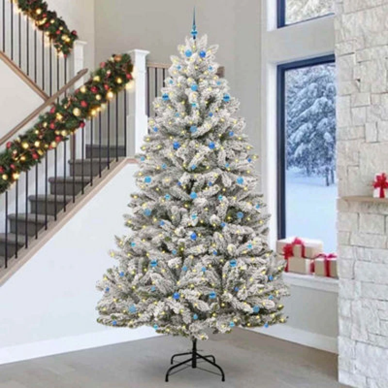 Image of vidaXL Artificial Christmas Tree with Blue Balls Green and White 300cm PVC and Metal, Green 3395791