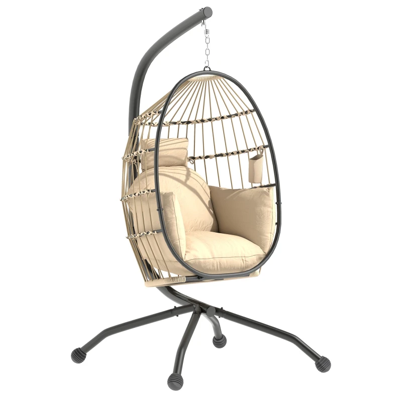 Image of Outsunny Outsunny Egg Chair Outdoor Indoor Garden Swing Chair, Folding Basket - Khaki