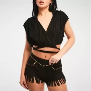 Image of Missguided Faux Suede Wrap Around Crop Shirt - Black