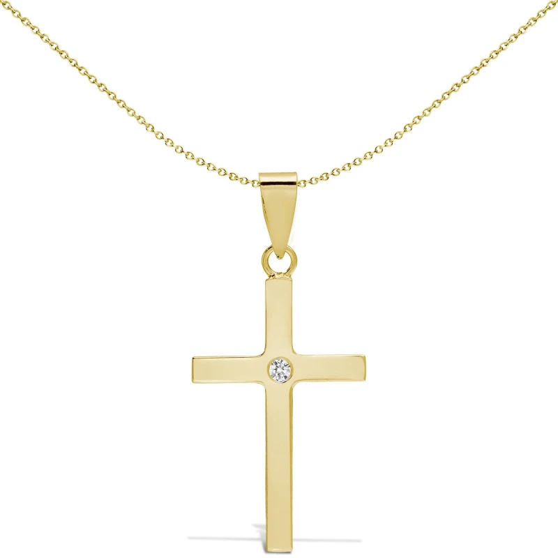 Image of Jewelco London 18ct Gold 0.03ct Diamond Minimalist Solitaire Cross Pendant - 18X108 Gold