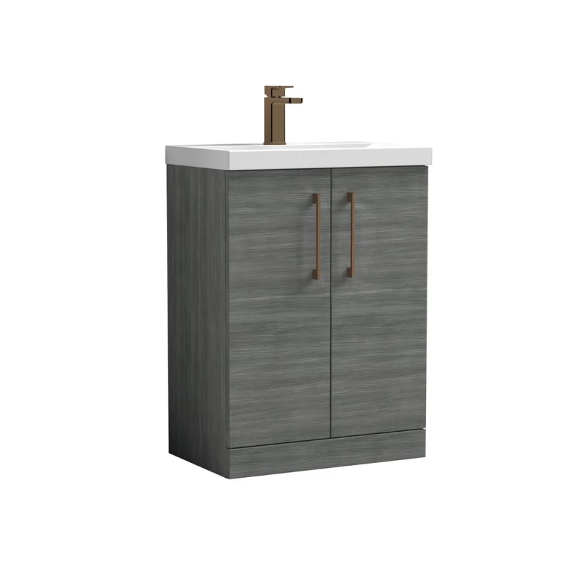 Image of BALTERLEY Balterley Level Contemporary Bathroom Floor Standing 2-Door Vanity Unit & Mid-Edge Basin, Anthracite Woodgrain, 600mm BALARN503AH1516