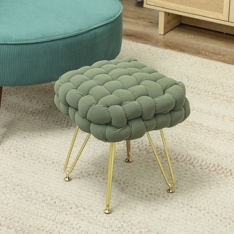 Image of HOMCOM Woven Velvet Foot Stool with Steel Legs for Living Room Dark Green