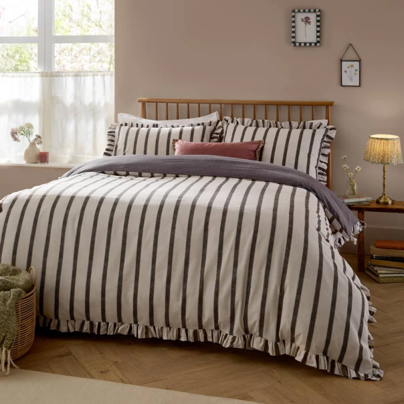 Image of Wylder Connie Striped Ruffle Duvet Cover Set in Light Beige Size: King Light Beige Unisex King