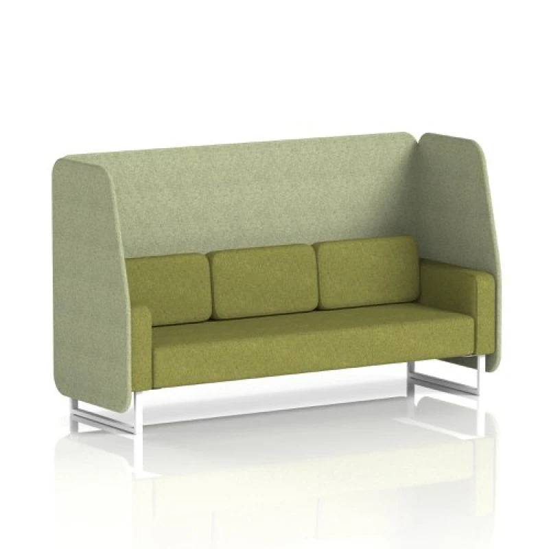 Image of Brixworth 3 Seater Open Office Booth with White Legs in Rivet Fabric - Burnish Panels and Olive Sofa