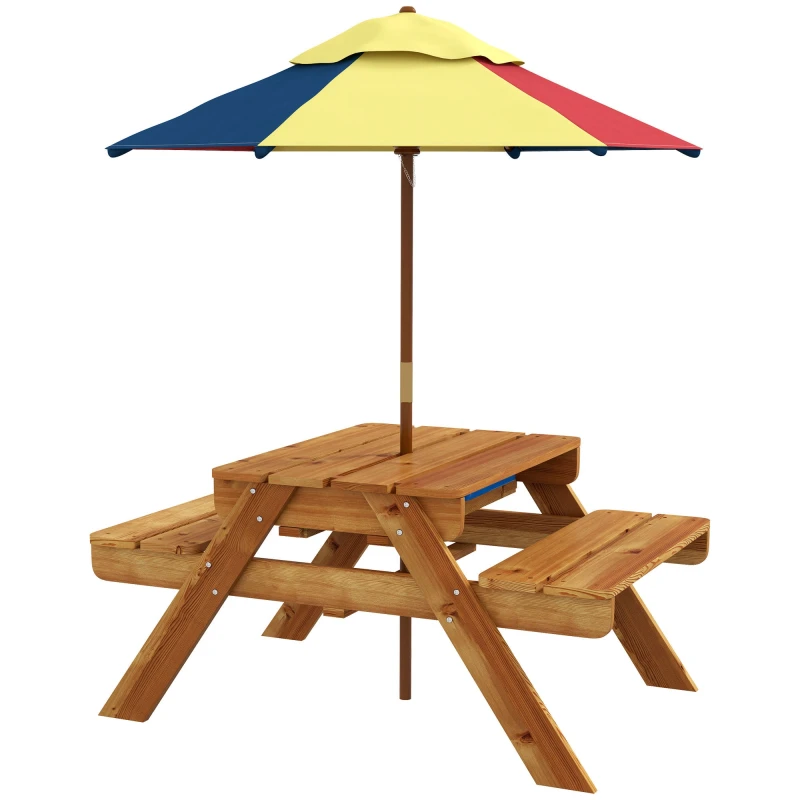 Image of Outsunny Kids Picnic Table Set w/ Sand and Water, Removable Parasol - Brown - Teak - Outsunny 5056725398965