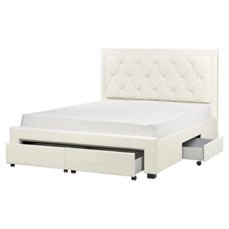 Image of Beliani Bed With Storage Drawers Velvet Lievin 160 X 200 Cm (Eu King Size) Light Beige