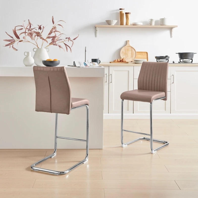 Image of FurnitureboxUK FurnitureboxUK Lorenzo 2x Faux Leather & Silver Bar Chairs in Beige Beige One Size Unisex 5056784304365
