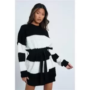 Image of I Saw It First Black & White Chunky Waffle Knit Belted Jumper Dress - Black