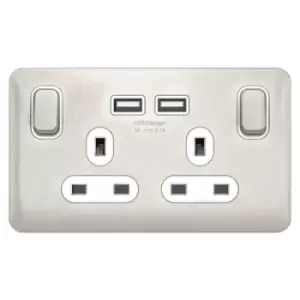 Image of Schneider Electric Lisse Screwless Deco - Switched Double Power Socket, Single Pole with USB Charging Ports, 13A, GGBL30202USBAWSSS, Stainless Steel w