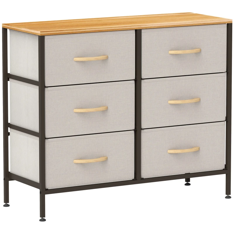 Image of HOMCOM 6 Drawer Fabric Chest of Drawers w/ Wooden Top for Hallway Cream Off White