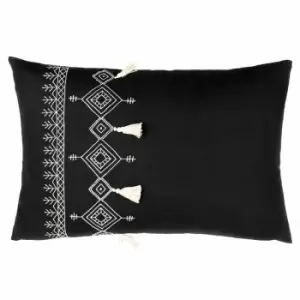 Image of Furn - Pritta Embroidered Diamond 100% Cotton Tasselled Cushion Cover, Black, 40 x 60 Cm