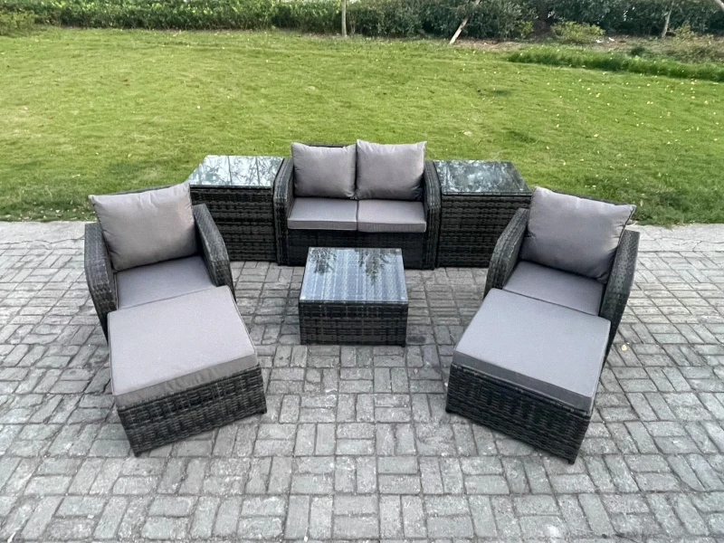 Image of Fimous Rattan Garden Furniture Set Patio Conservatory Indoor Outdoor 6 Seater Set with Love Sofa Square Coffee Table Dark Grey unisex