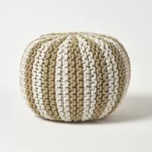 Image of Off White and Linen Knitted Pouffe Striped Footstool 35 x 40cm - Linen & Off White - Homescapes