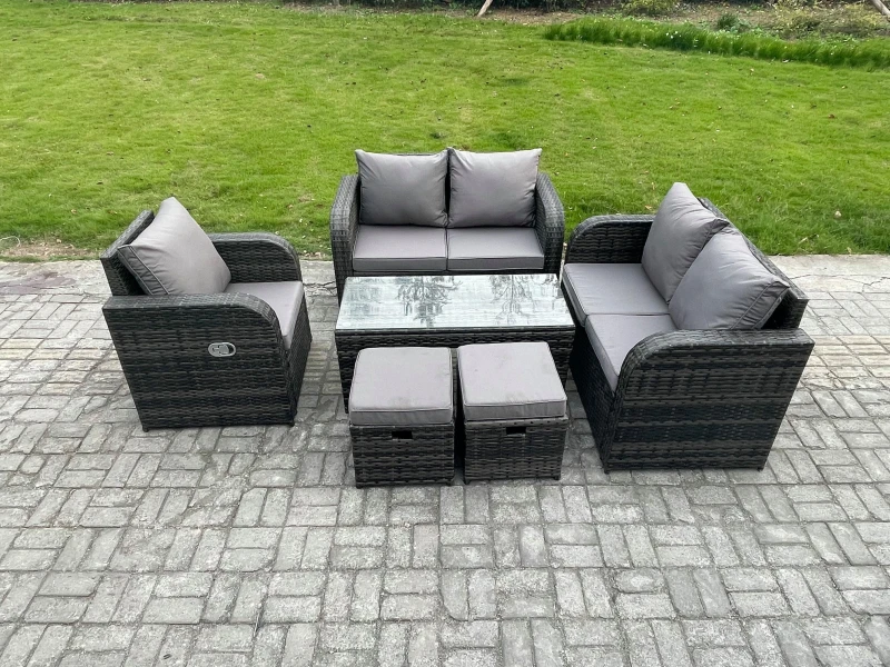 Image of Fimous Patio Garden Furniture Sets Wicker Outdoor Rattan Furniture Sofa Sets with Rectangular Coffee Table Love seat Sofa 2 Small Footstools Dark Grey